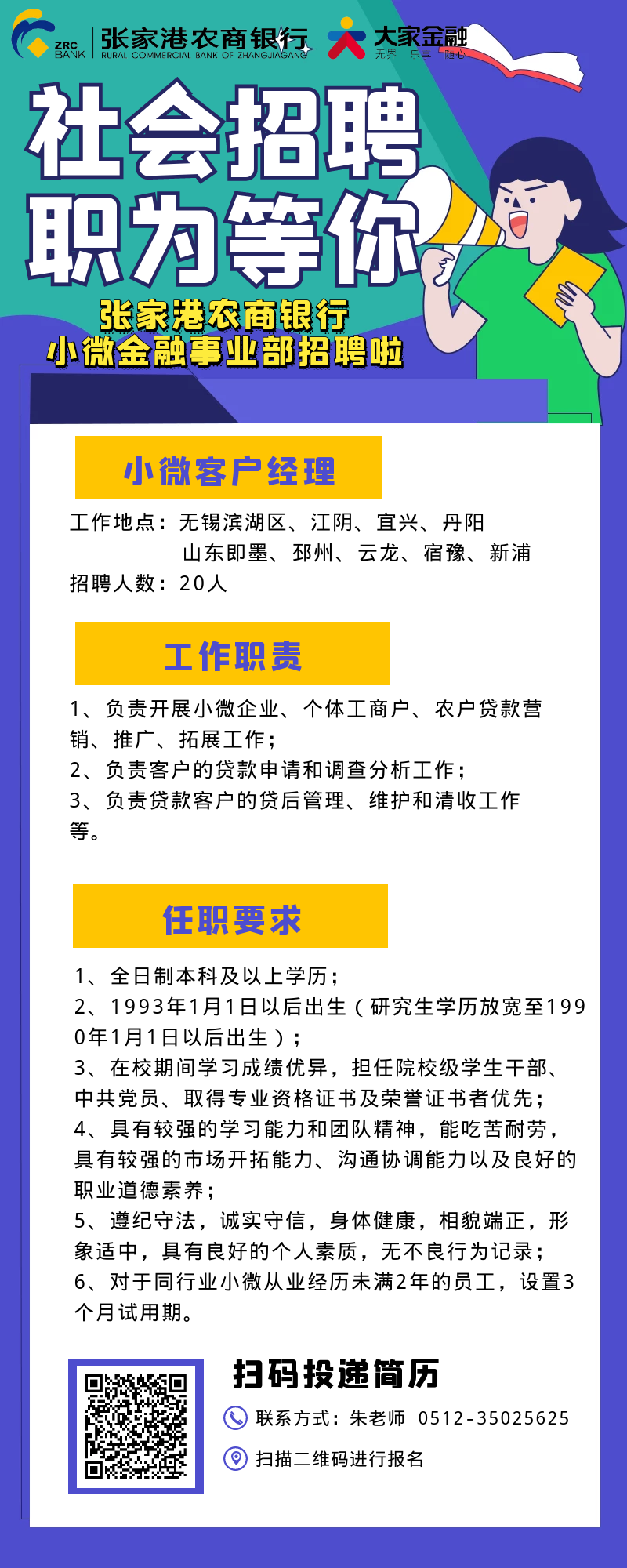 2021年张家港农商银行小微金融事业部招聘简章